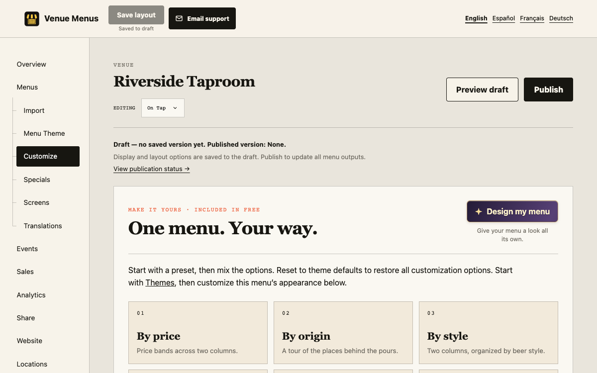 Customize page with menu layout controls beside a landscape menu preview