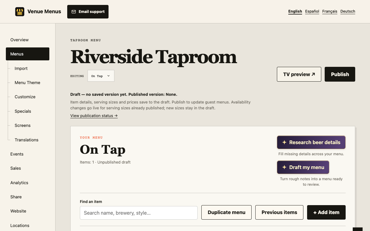 Menu editor with sections, drink details, serving sizes, prices, and availability controls