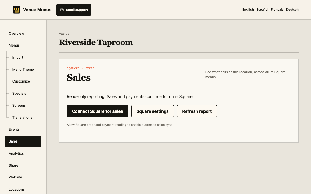 Square Sales page with period controls, best sellers, and daily collected totals