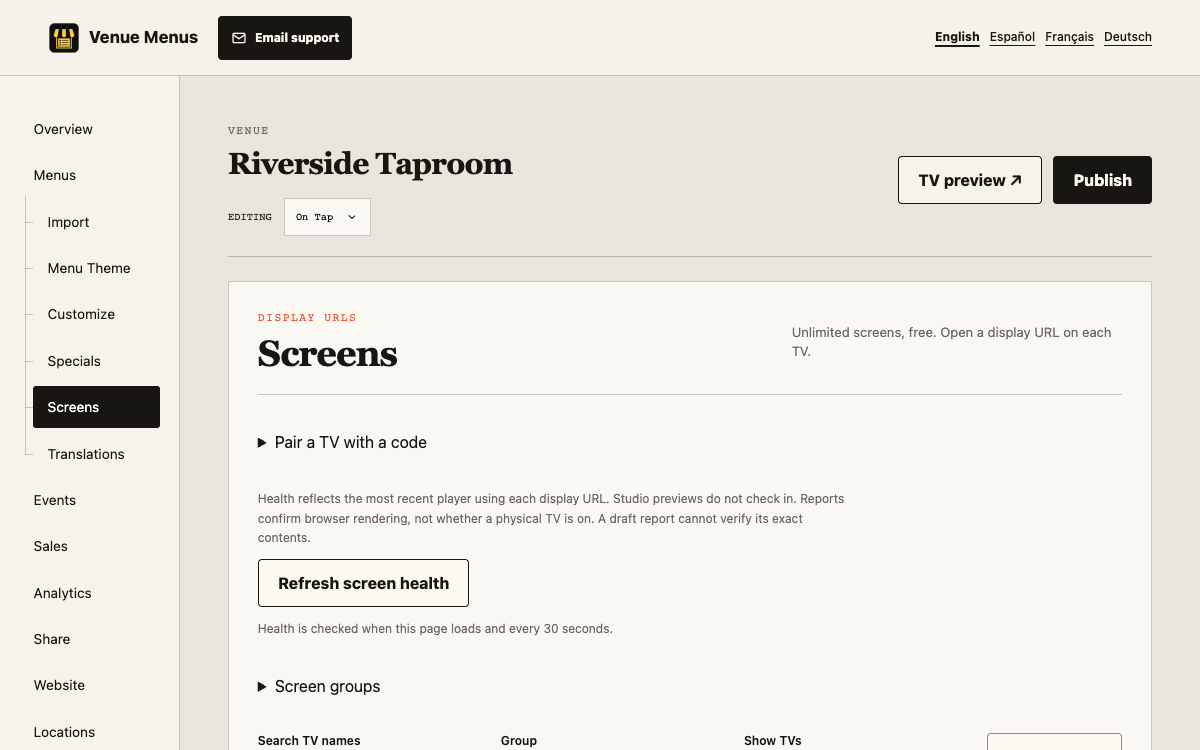 Screens page with TV health, groups, reload controls, and schedule management