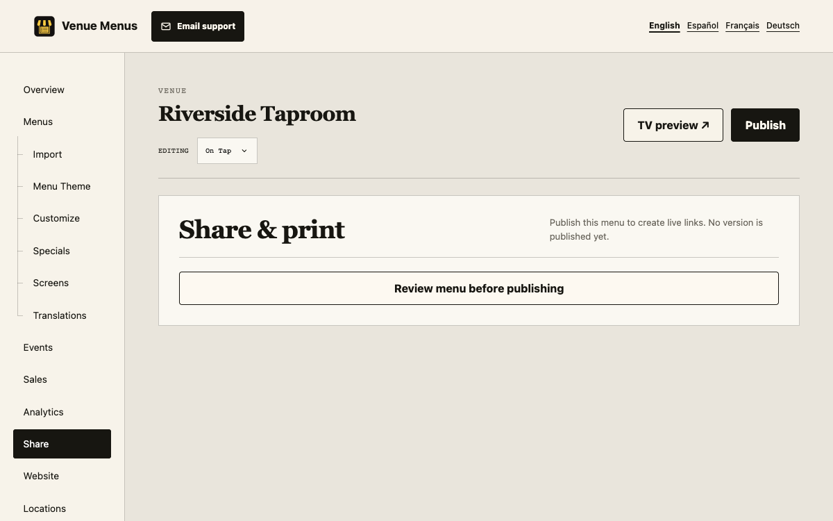 Share and print page showing web, QR, embed, and print menu options