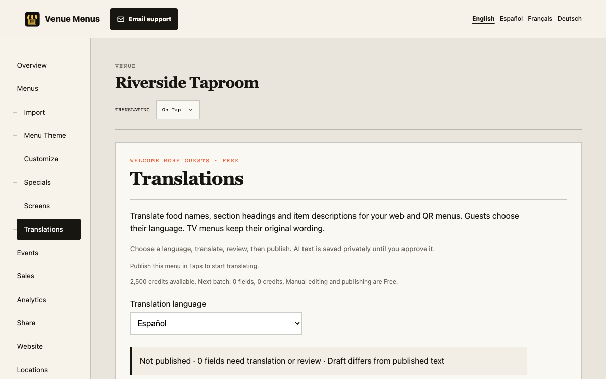 Translations page with a target-language selector and editable translated menu fields