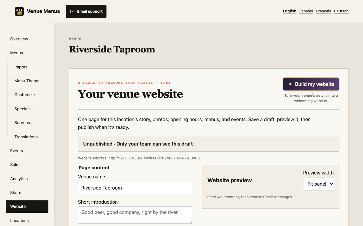 Venue website editor with content fields and a private page preview