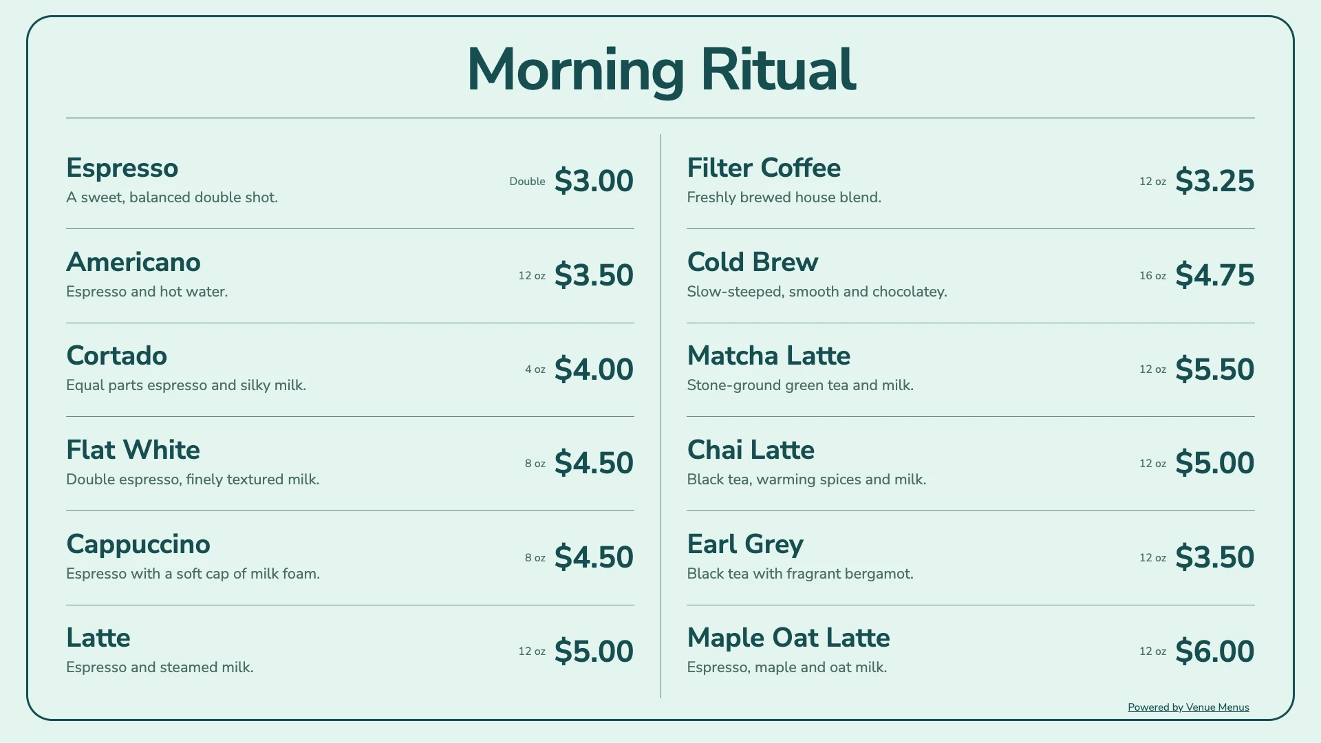 Morning Ritual sample cafe menu with espresso, filter coffee, tea and seasonal drinks in the Sea Glass theme