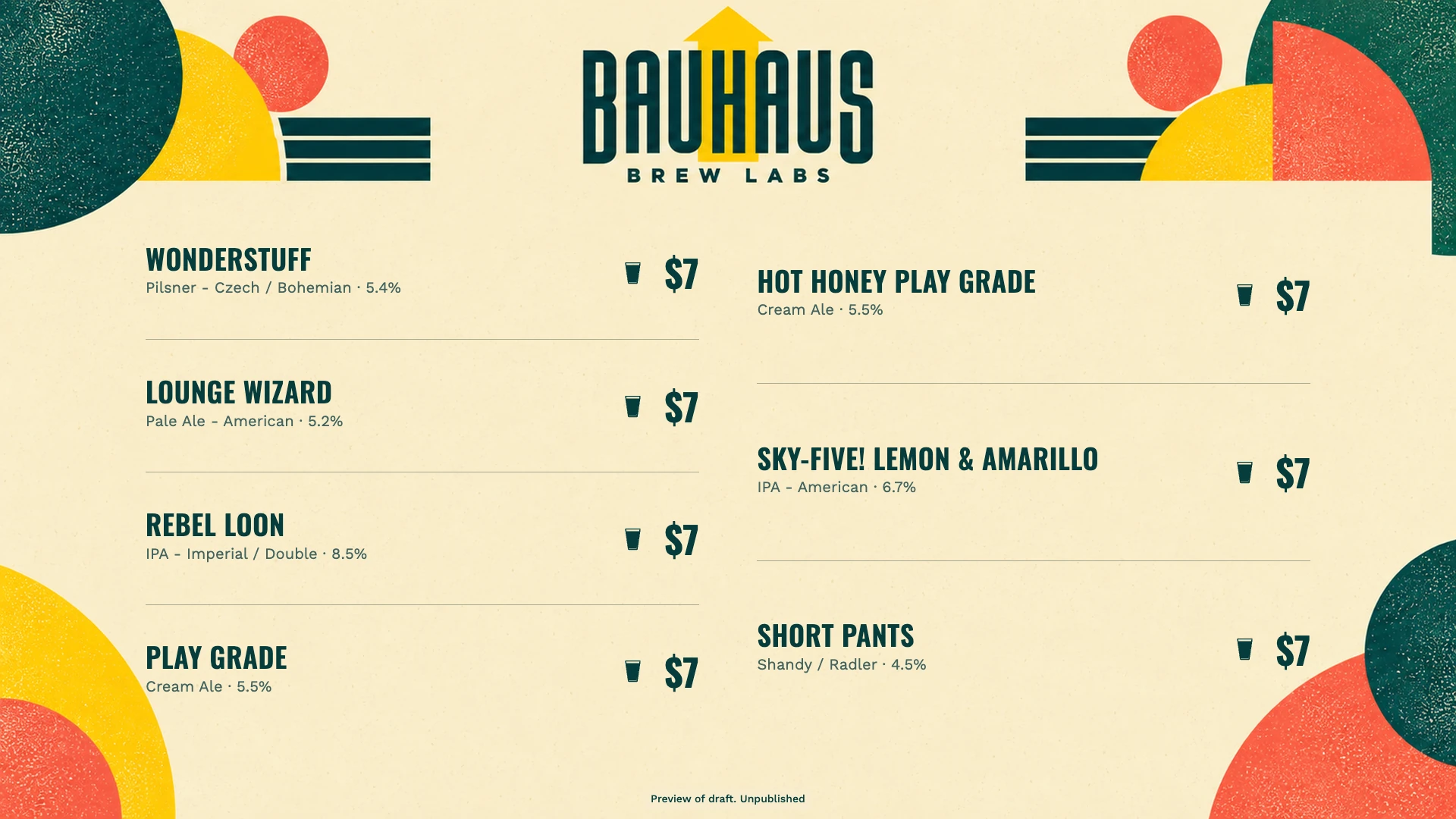 Bauhaus Brew Labs: generiertes Artwork mit editierbaren Biernamen, Preisen und Ausschanksymbolen