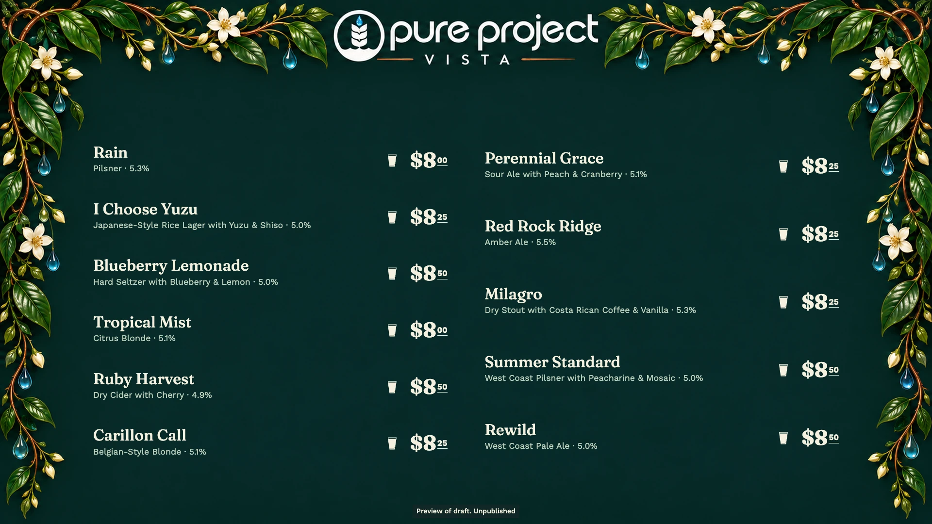 Pure Project Vista: generiertes Artwork mit bearbeitbaren Biernamen, Preisen und Ausschanksymbolen