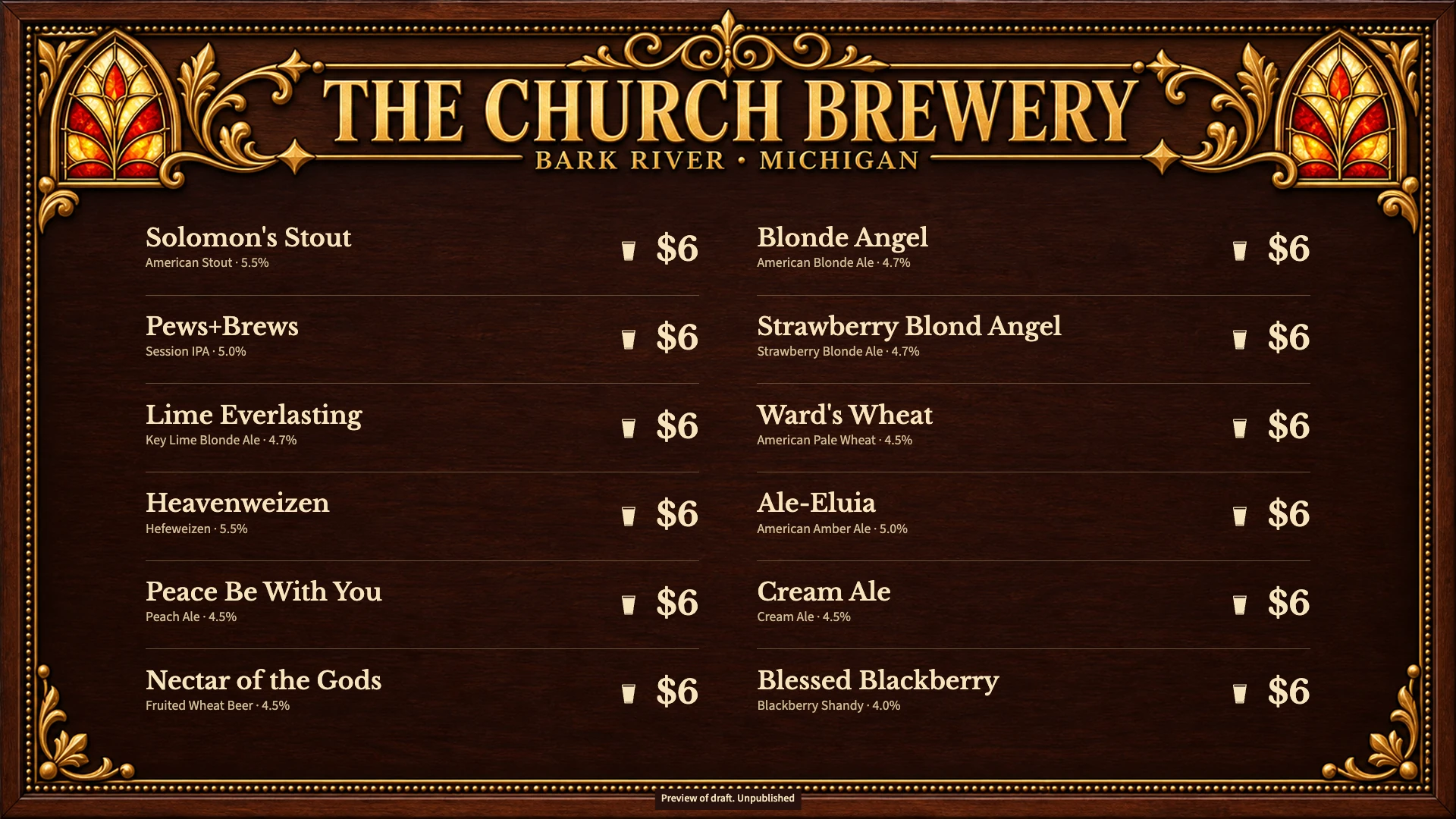 The Church Brewery: generierte Grafiken mit bearbeitbaren Biernamen, Preisen und Ausschanksymbolen