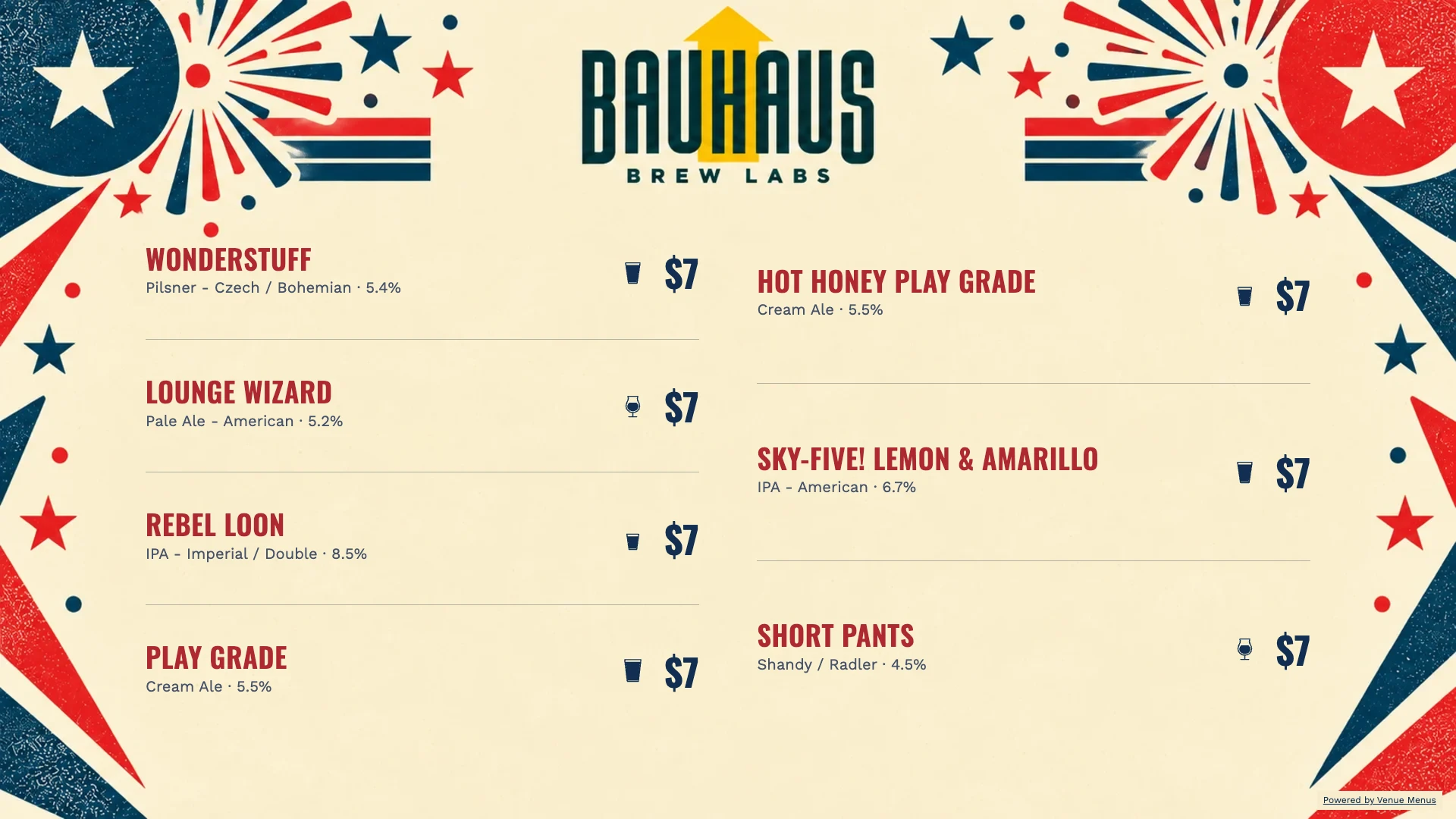 Konzept für eine Karte zum 4. Juli für Bauhaus Brew Labs mit Biernamen, Preisen und saisonalen Textfarben
