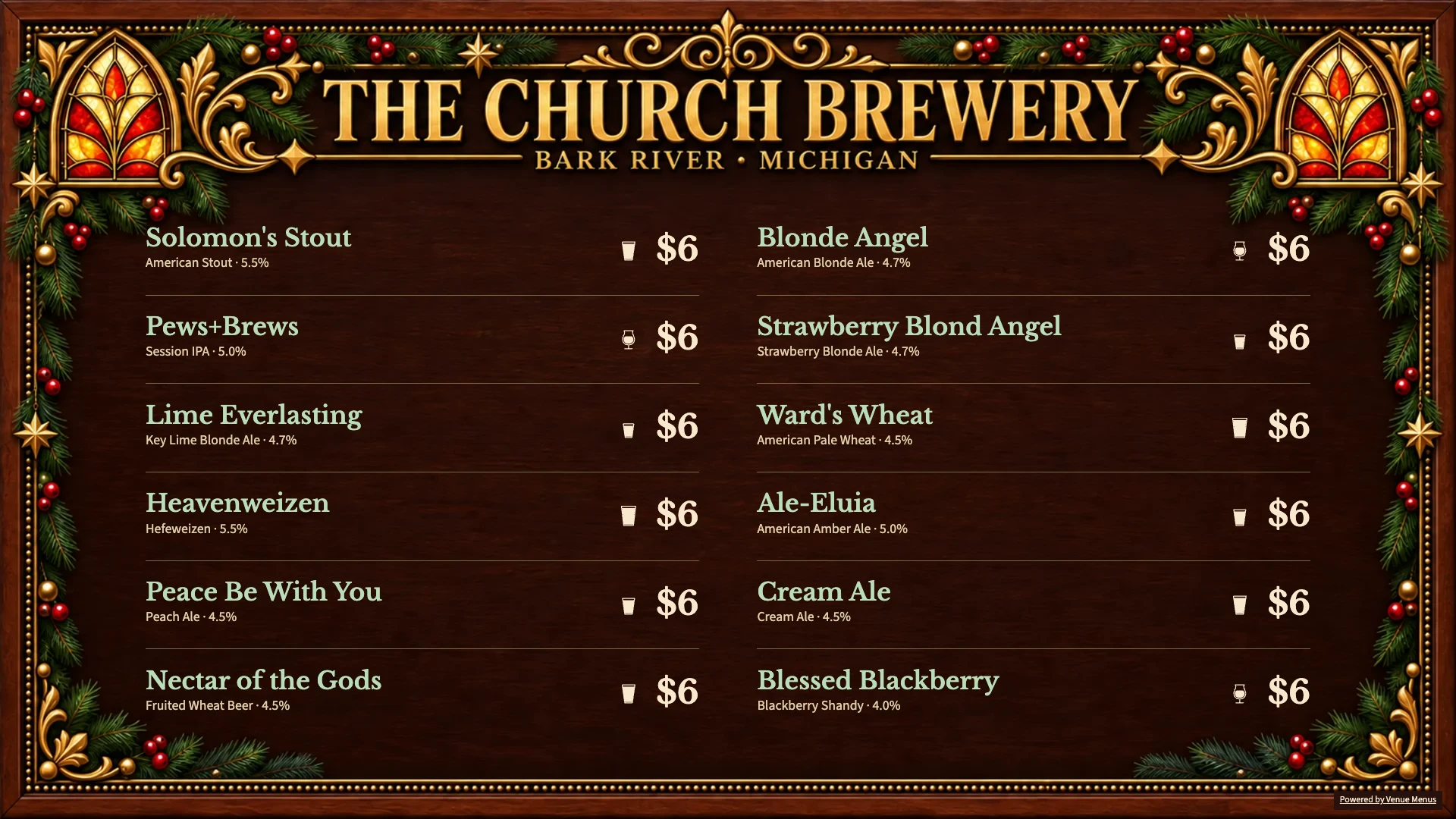 Weihnachtliches Speisekartenkonzept für The Church Brewery mit Biernamen, Preisen und saisonalen Textfarben