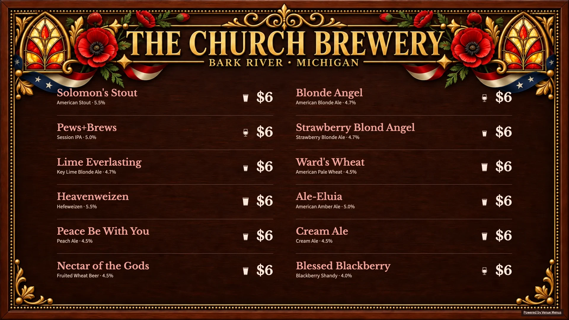 Memorial-Day-Kartenkonzept für The Church Brewery mit Biernamen, Preisen und saisonalen Textfarben