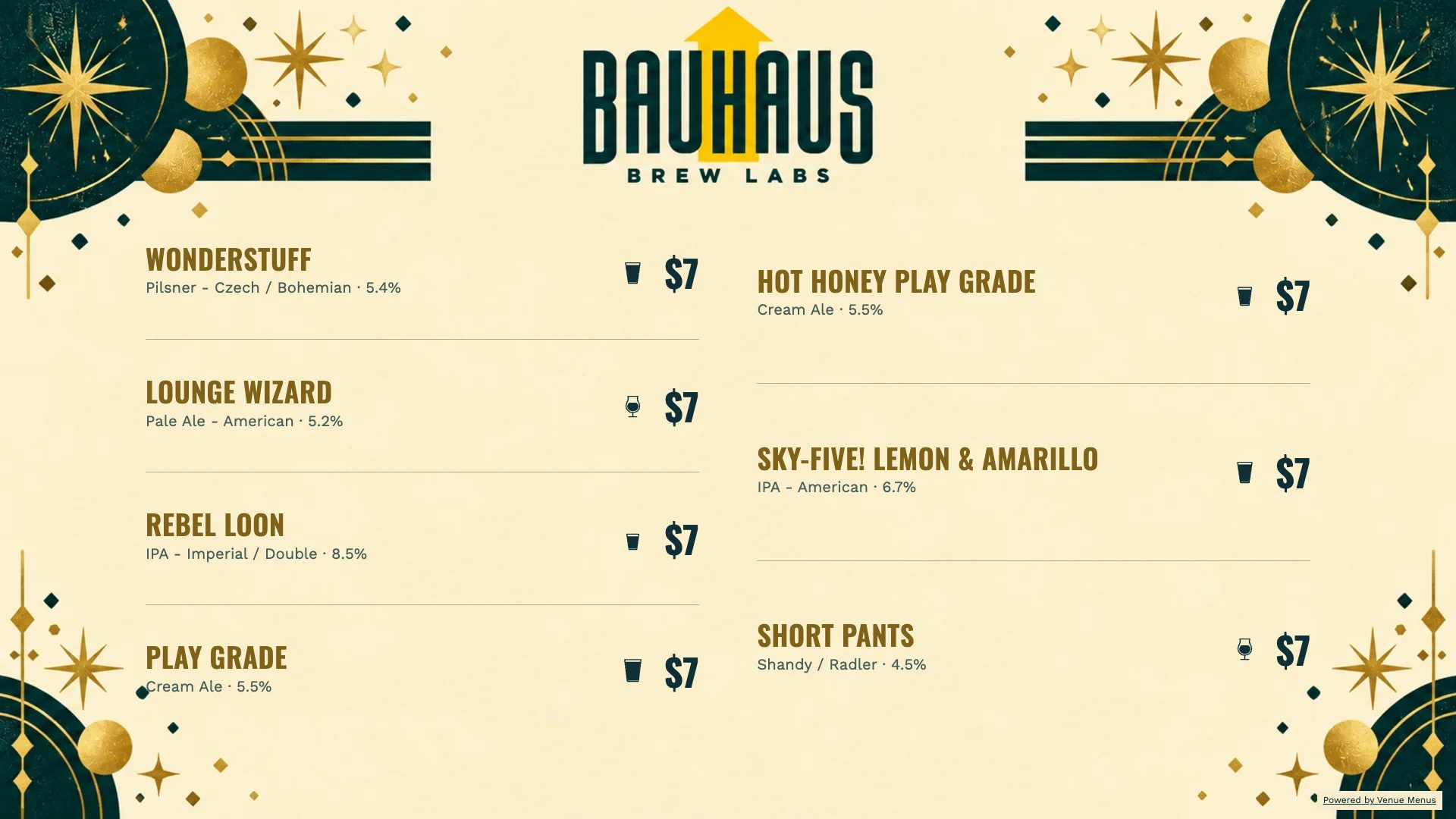 Neujahrskonzept für die Karte von Bauhaus Brew Labs mit Biernamen, Preisen und saisonalen Textfarben