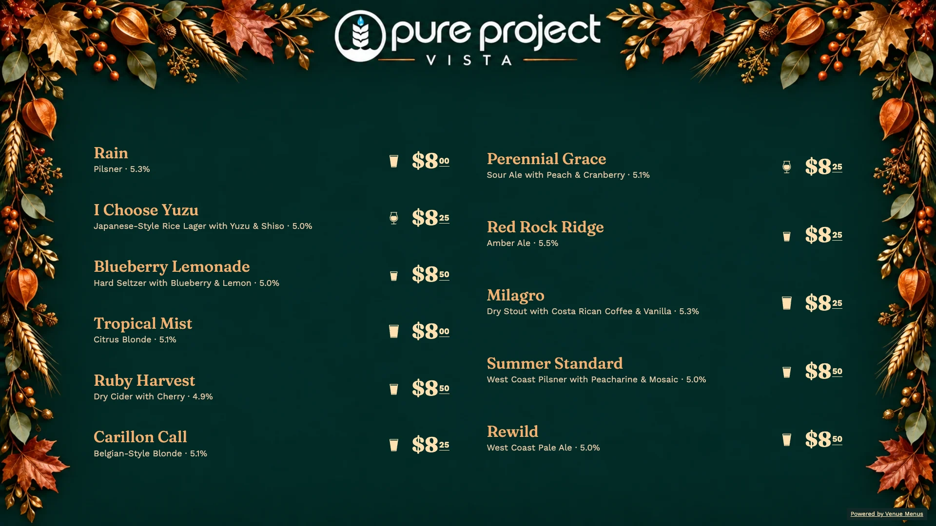Thanksgiving-Kartenkonzept für Pure Project Vista mit Biernamen, Preisen und saisonalen Textfarben