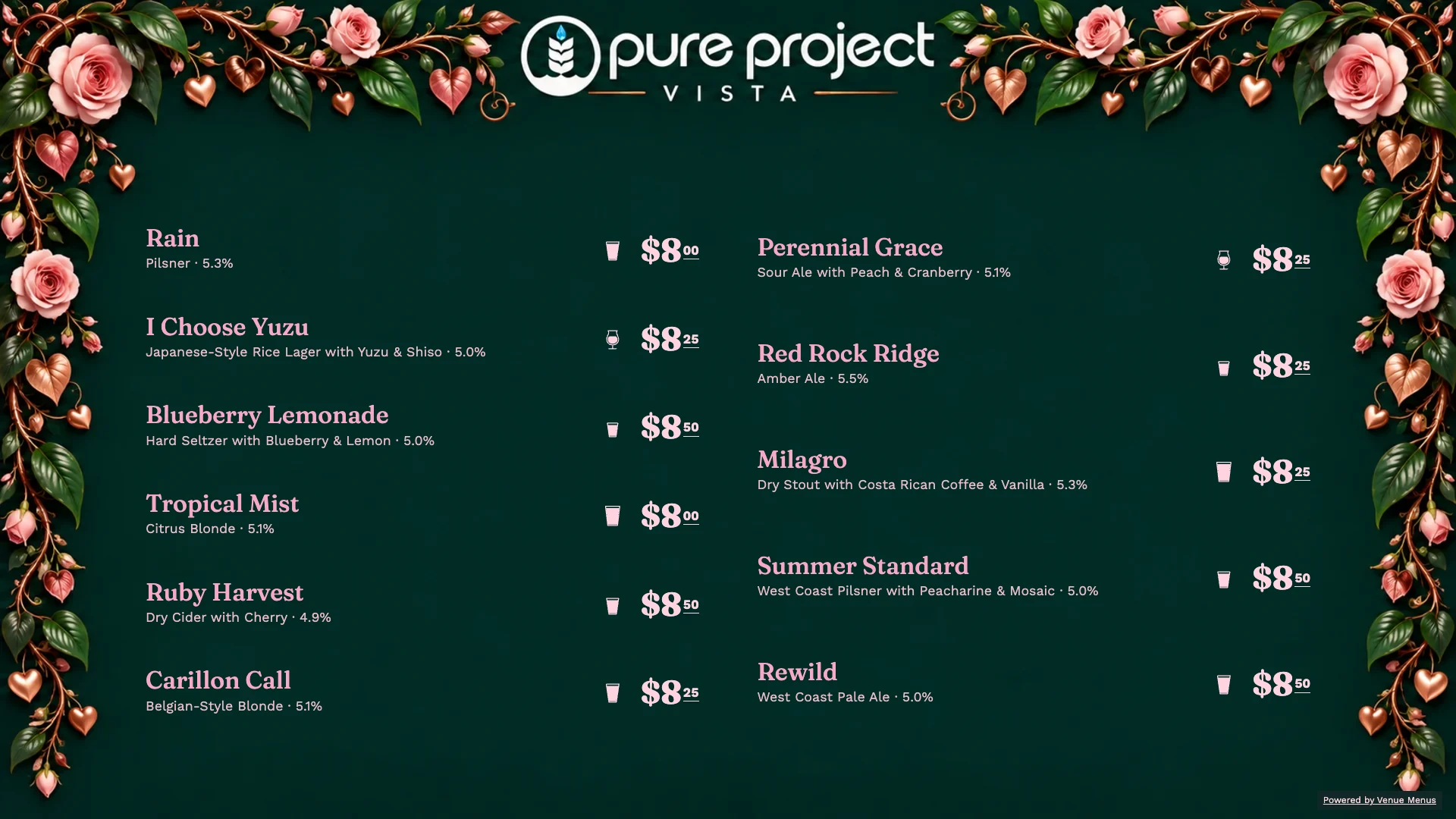 Valentinstagskarten-Konzept für Pure Project Vista mit Biernamen, Preisen und saisonalen Textfarben