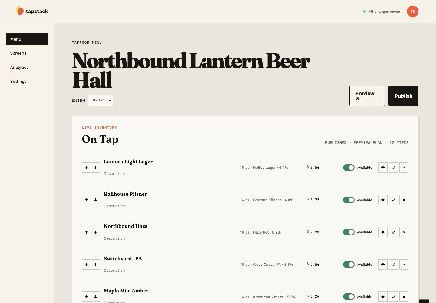 Venue Menus admin page for Northbound Lantern Beer Hall showing twelve beers, prices, and availability controls