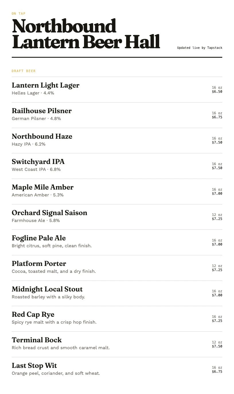 Print-ready tap list for Northbound Lantern Beer Hall