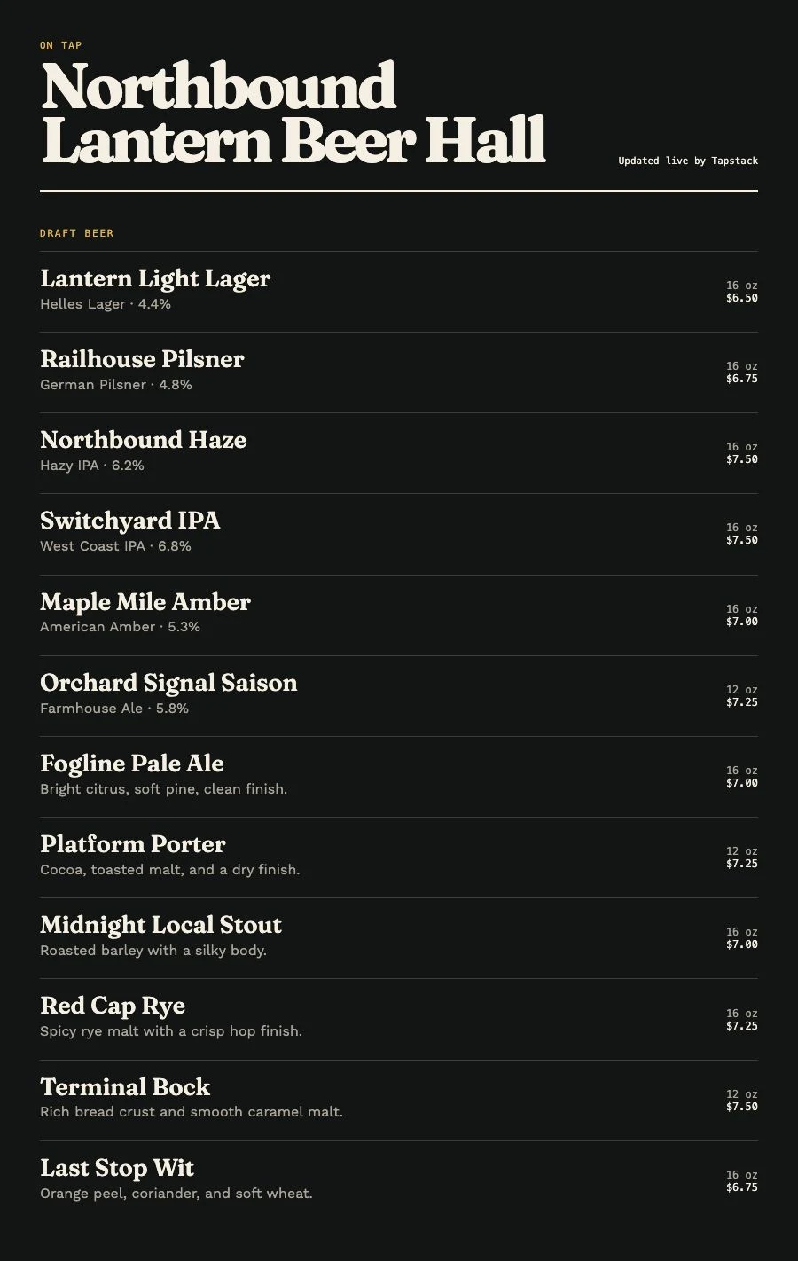 Responsive web menu for Northbound Lantern Beer Hall showing its current tap list