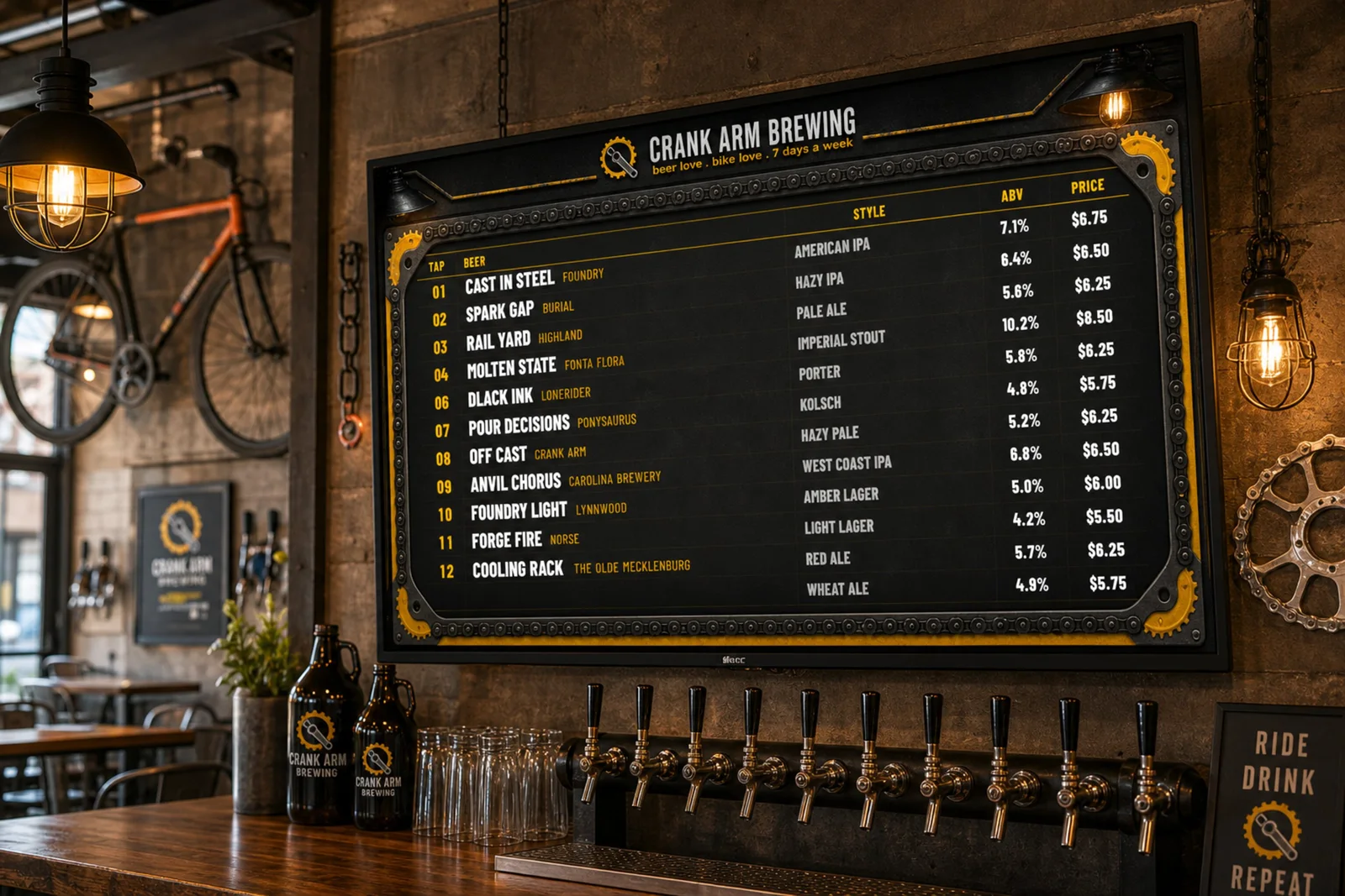 Dark industrial Crank Arm Brewing menu concept displayed above a tap wall