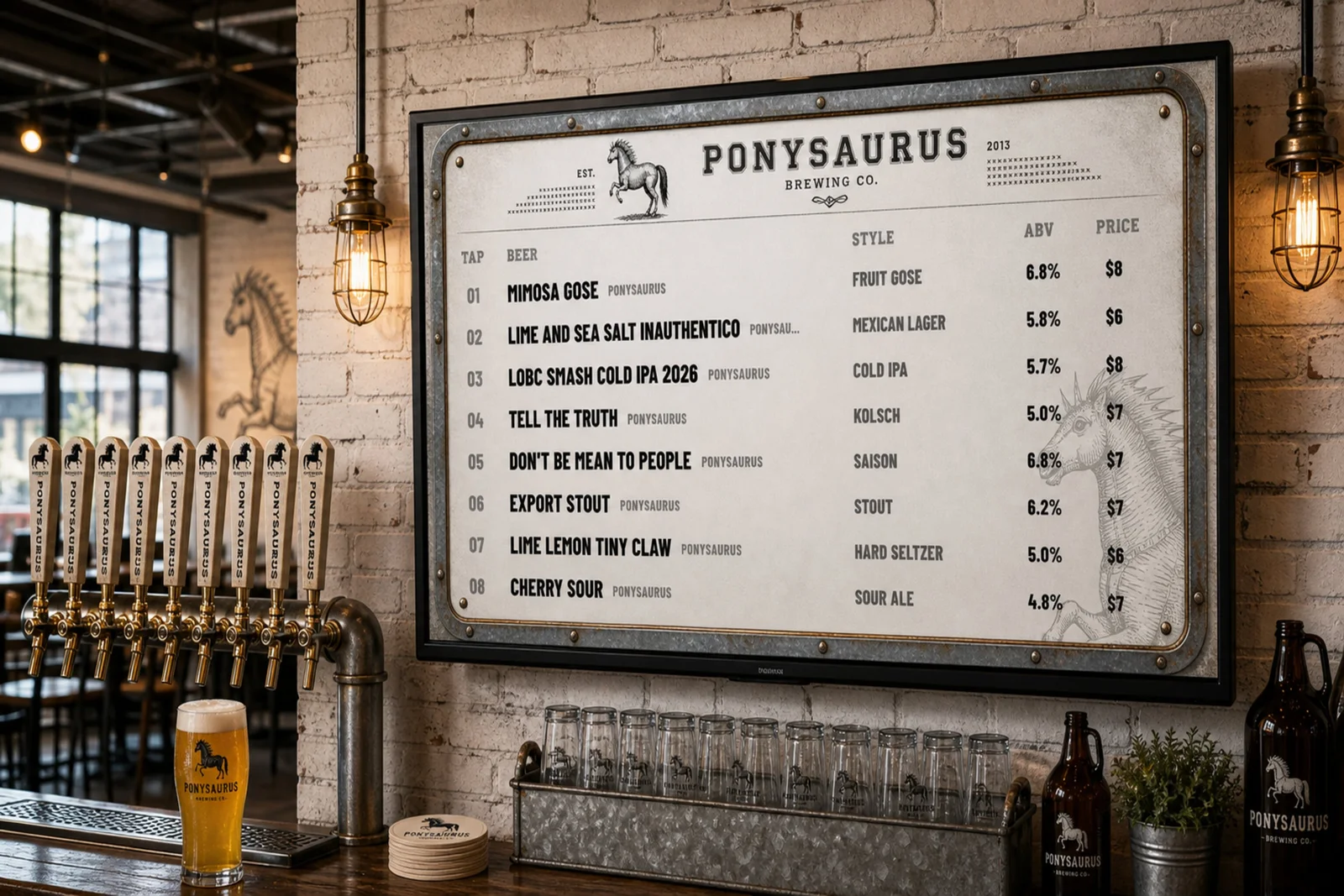 Minimal black and white Ponysaurus Brewing menu concept displayed in a bright taproom