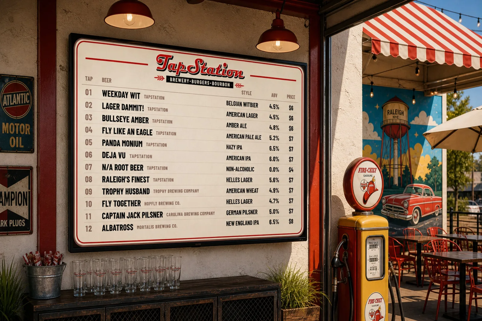 Cream and red retro TapStation menu concept displayed in a roadside-inspired venue